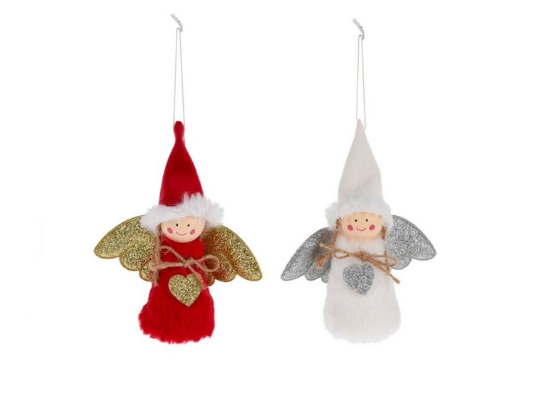 Zwei hängende Weihnachtsengel Anhänger aus Plüsch mit Glitzerflügeln und Herzmotiv als Weihnachtsbaumschmuck.