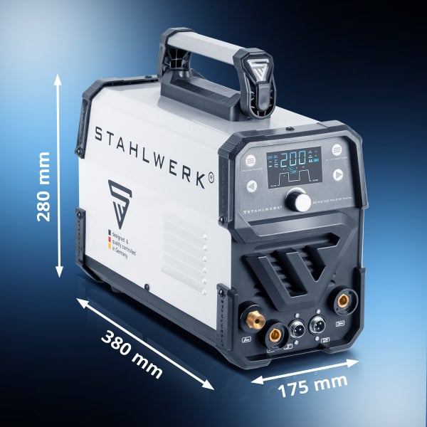 Stahlwerk Logo, Schweissgerät mit den Massen 280 mm Höhe, 380 mm Breite und 175 mm Tiefe