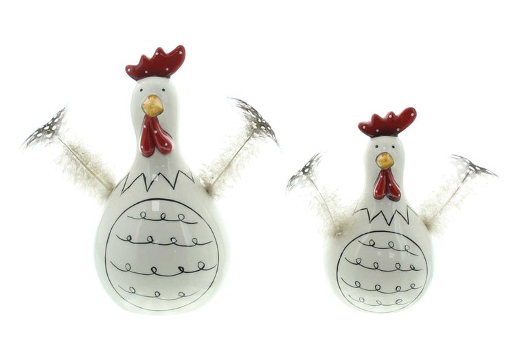 FRANK FLECHTWAREN | Huhn Federn, 2er Set, PORZELLAN, 7 x 7 x 12,5 cm, 9 x 9 x 16,5 cm