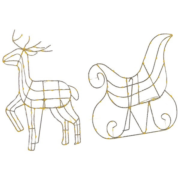 Rentier und Schlitten aus Draht mit Beleuchtung als Dekoration