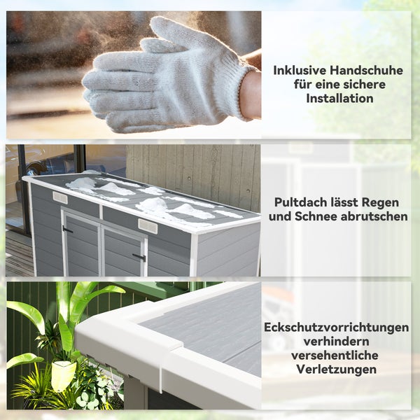 Gerätebox mit Pultdach für Wasserabfluss, inklusive Montagehandschuhen und Eckschutz zur Verletzungsvermeidung.