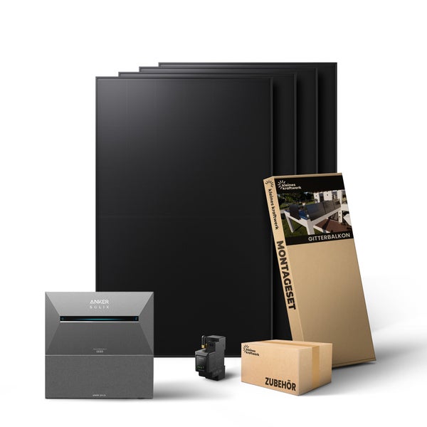 Balkonkraftwerk Komplettset mit schwarzen Solarmodulen, Anker Solix Speicher, Montageset für Gitterbalkone und Zubehörbox.