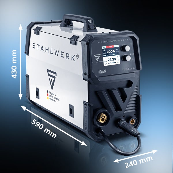 Stahlwerk MIG 200 Doppelpuls Pro Schweißgerät mit Abmessungen