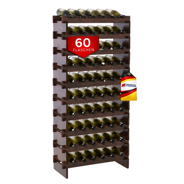 Dunkelbraunes Weinregal aus Holz für sechzig Flaschen auf zehn Ebenen.