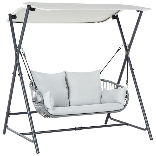 Technische Zeichnung einer Schaukelbank mit Abmessungen.