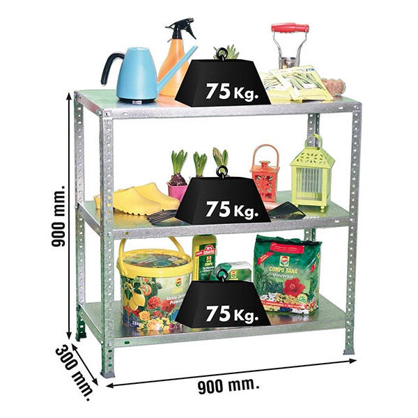Metallregal mit 3 Ebenen, 900 x 900 x 300 Millimeter, Tragkraft 75 Kilogramm pro Boden, beladen mit Gartenutensilien.