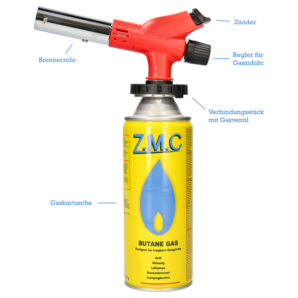 Z.M.C Gasbrenner 1,0kW + 8 Gaskartuschen 227g, Flambierbrenner bis zu 1300°C, Bunsenbrenner Lötbrenner, Küchenbrenner mit einstellbare Flamme, Brenneraufsatz