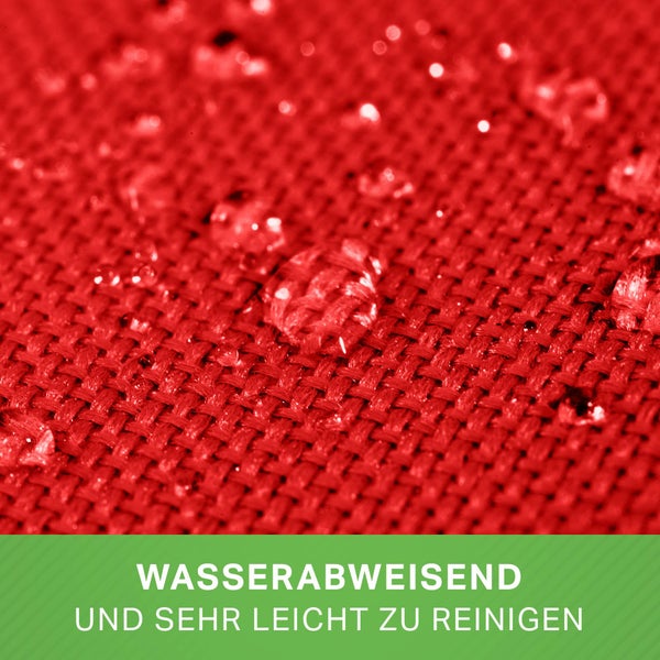 Nahaufnahme einer wasserabweisenden Gewebestruktur mit Wassertropfen und Textinformation zu Wasserabweisung und Reinigung.