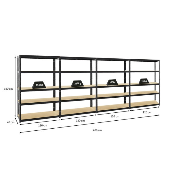 PROREGAL Mega Deal 4x Schwerlastregal Big Elephant S HxBxT 180 x 120 x 45 cm Fachlast 250 kg Schwarz