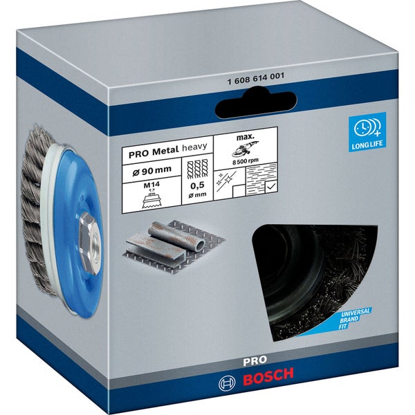 Verpackung einer Bosch Drahtbürste Pro Metal heavy, 90 mm Durchmesser, M14 Gewinde, 0,5 mm Drahtstärke