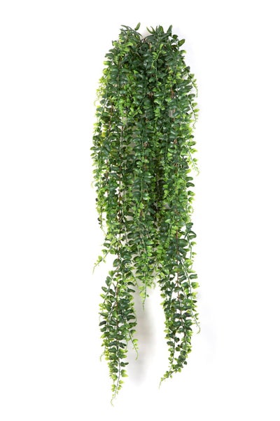 Künstliche Hängepflanze mit dichten grünen Ranken und kleinen Blättern.