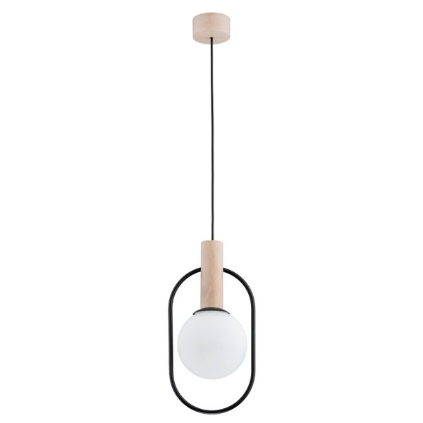 Moderne Hängeleuchte mit einer Glaskugel, einem Element aus Holz und einem ovalen Metallrahmen.