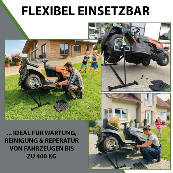 Wartungsheber für Aufsitzmäher und Kleinfahrzeuge bis 400 Kilogramm bei der Pflege und Reparatur im Gartenbereich.