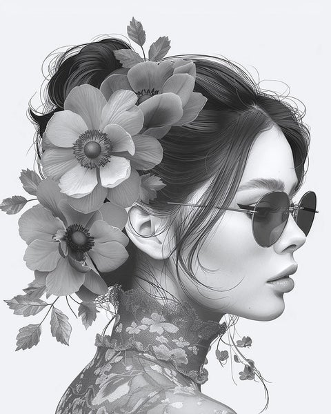 Illustration einer Frau mit Blumen im Haar und Sonnenbrille