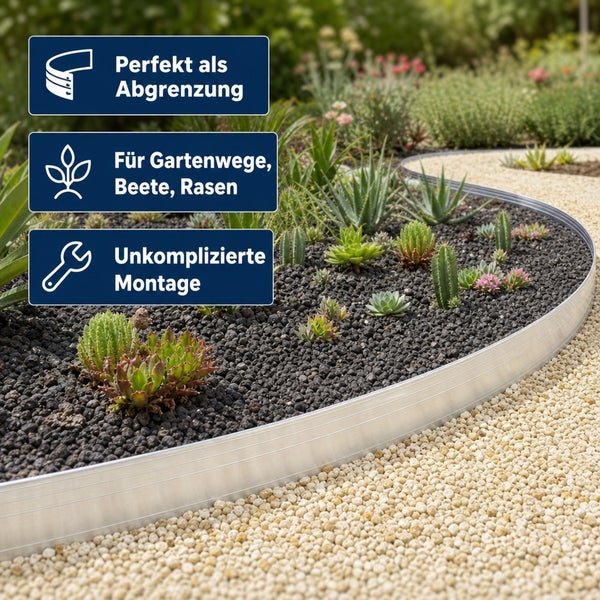 Metall Rasenkante als Abgrenzung für Gartenbeete mit Kieselsteinen und Sukkulenten bei einfacher Montage im Garten.