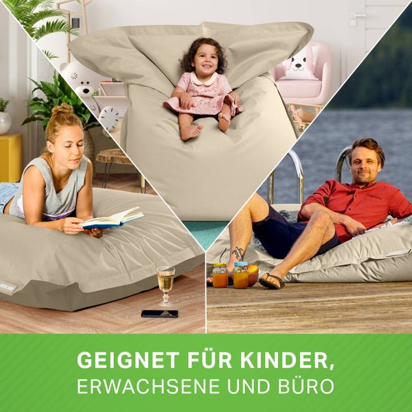 Green Bean Sitzsack XXL 140x180cm 380 Liter Kinder & Erwachsene Bean Bag EPS Perlen Füllung Riesensitzsack Groß Draußen Outdoor Liegekissen Waschbar Wetterfest Lounge Sitzkissen Bodenkissen Beige