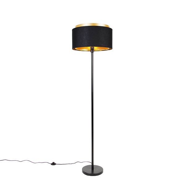 QAZQA - Moderne Stehlampe schwarz mit Schirm schwarz mit Gold I Messing - Simplo I Wohnzimmer I Schlafzimmer - Stahl Länglich - LED geeignet E27