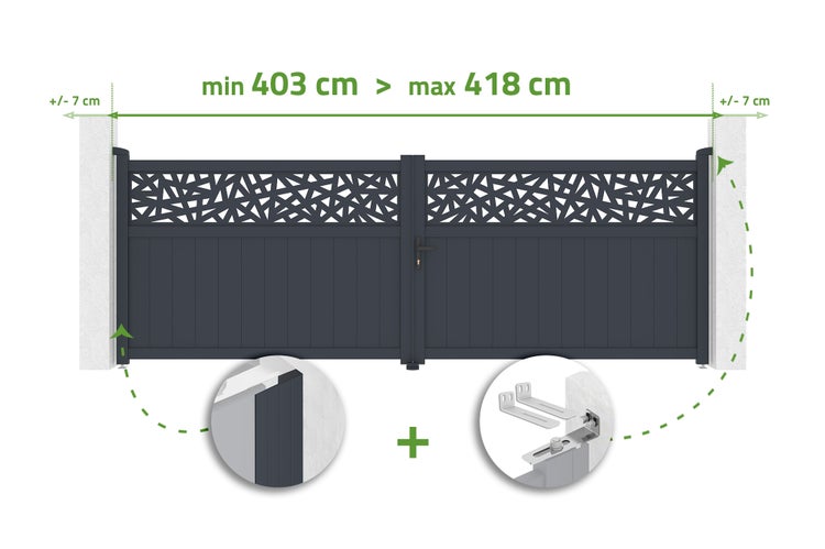 Zweiflügeliges Einfahrtstor in Anthrazit mit Muster. Breite von minimal 403 Zentimeter bis maximal 418 Zentimeter. Inklusive Montagezubehör.