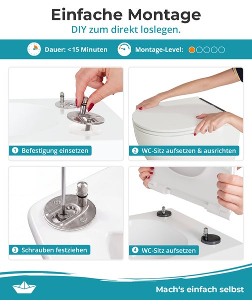 Anleitung zur Montage eines WC-Sitzes in vier Schritten mit Zeitaufwand unter 15 Minuten und einfacher Schwierigkeitsstufe.