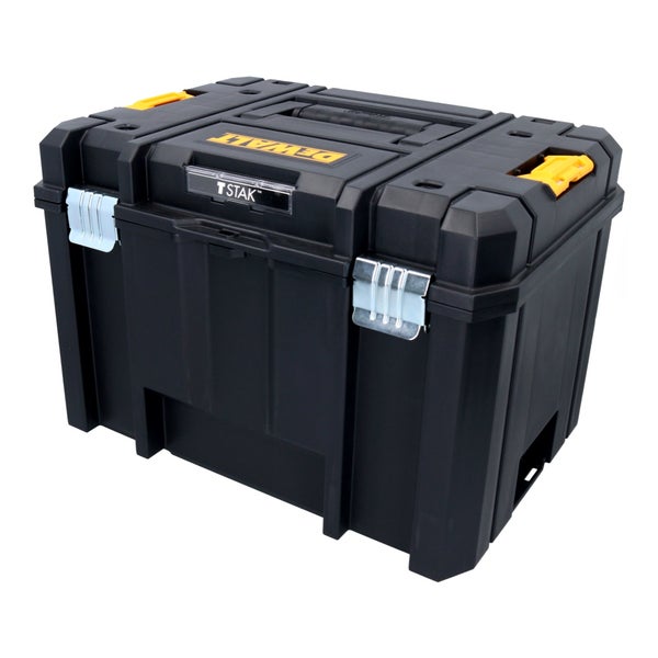 DeWalt TSTAK Werkzeugbox, stapelbar, aus robustem Kunststoff mit Metallverschlüssen.