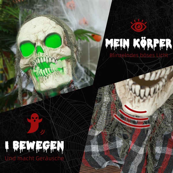 HOMCOM 70cm Halloween Dekoration Skelett Halbkörper Figur mit LED-Lichter, Soundfunktion, Haustür Deko mit verstellbare Arme, Halloween Horror Ornamente für Halloween Party