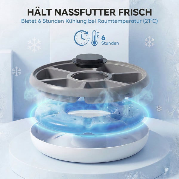 Futterautomat für Nassfutter mit Kühlelement, hält Futter bis zu 6 Stunden frisch bei 21 Grad Celsius Raumtemperatur.