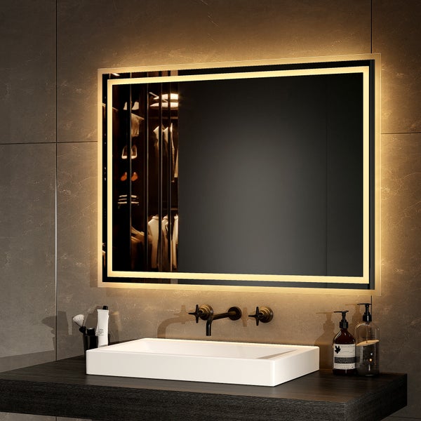 EMKE Badspiegel mit LED-Beleuchtung 80 x 60 cm, 3000K Warmweiß, Wandschalter, 4 mm rostfreier Spiegel, IP44, für Badezimmer
