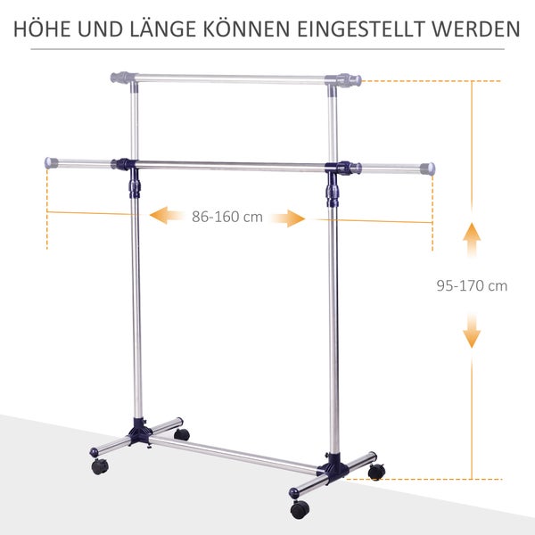 HOMCOM, Kleiderständer, Wäscheständer , 86L x 95B x 45H cm, Edelstahl, Silber