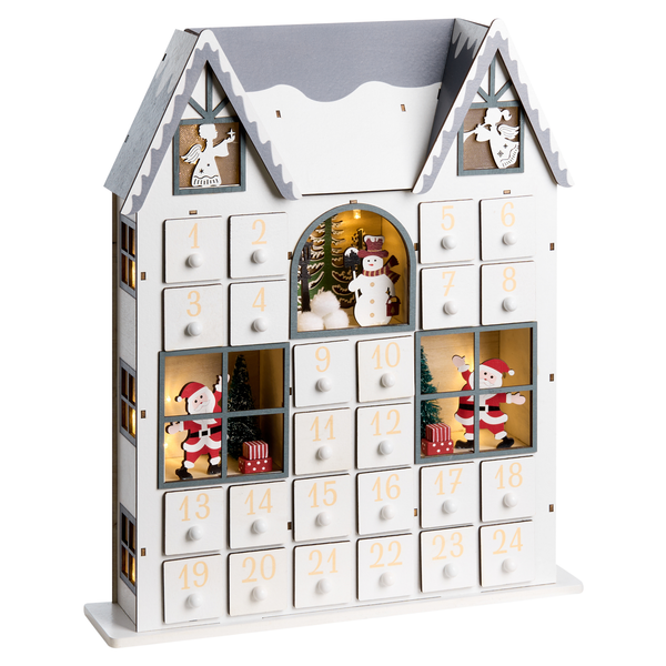Weihnachtlicher Adventskalender in Hausform mit 24 Schubladen