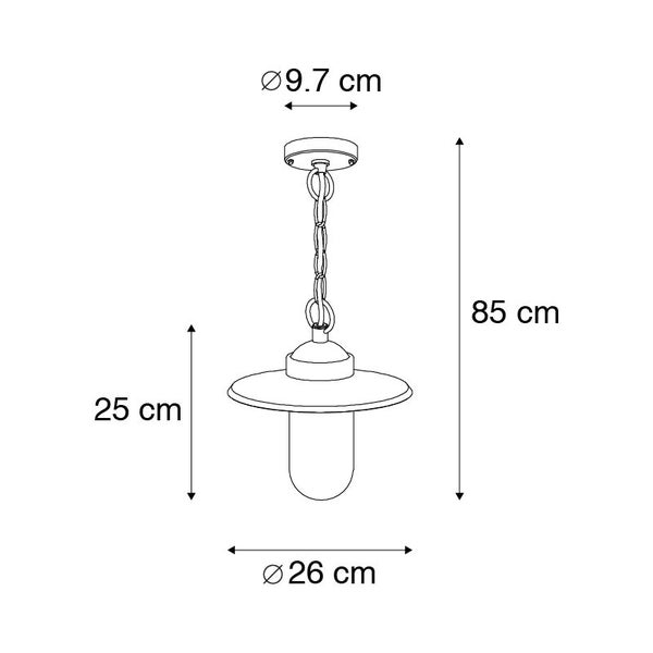 Maßzeichnung einer Pendelleuchte: Gesamthöhe 85 Zentimeter, Durchmesser 26 Zentimeter, Schirmhöhe 25 Zentimeter, Baldachin 9,7 Zentimeter.