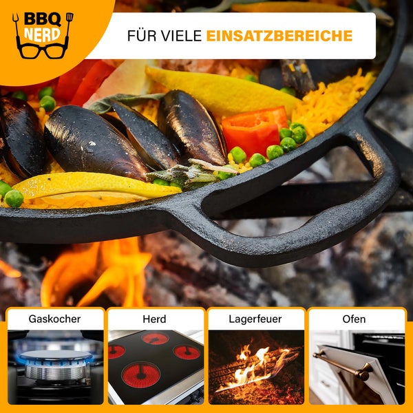 BBQ Nerd Paellapfanne aus Gusseisen Ø 36 cm (6 Personen) | Antihaftpfanne mit Flachboden für traditionelle spanische Paella | Gusspfanne für Grill Feuerstelle Herd einschl. Induktion
