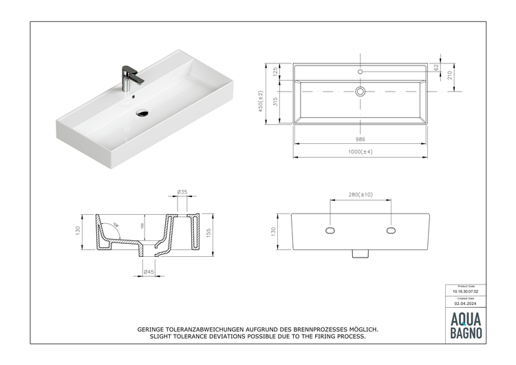 Aqua Bagno Basic Plan Waschbecken 10.16.30.07.02 – 100 x 45 cm – Weiß Hochglanz – Keramikbecken mit Hahnloch & Überlauf