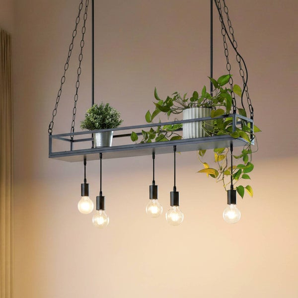 Hängeleuchte mit Pflanzenregal und Glühbirnen