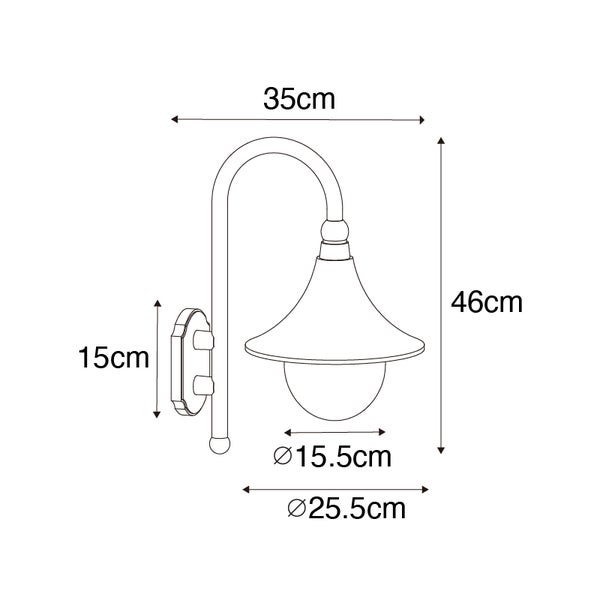 Technische Zeichnung einer Außenwandleuchte mit Maßen: Breite 35 Zentimeter, Höhe 46 Zentimeter, Schirmdurchmesser 25,5 Zentimeter.