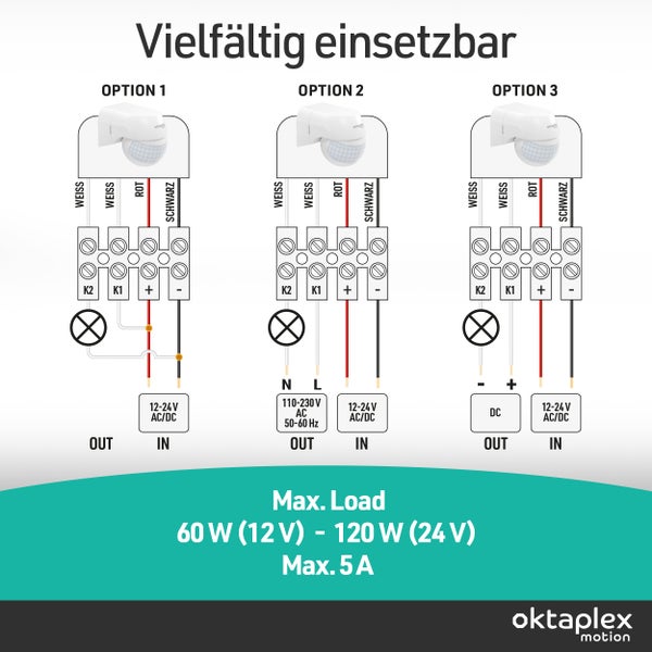 Schaltplan für den Oktaplex Bewegungsmelder mit drei Anschlussmöglichkeiten und Angabe der maximalen Last.