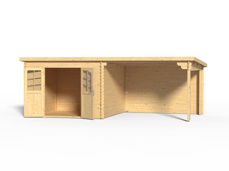 Gartenhaus aus Holz mit Pultdach, offenem Anbau und Doppeltür mit Fenstern.