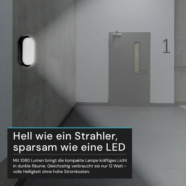 Oval geformte LED Wandleuchte in einem Flur montiert