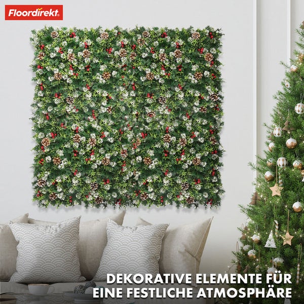 FLOORDIREKT Pflanzenwand - Festive - Kunstpflanzenwand zur Dekoration - Weihnachtlich - 50 x 50 cm