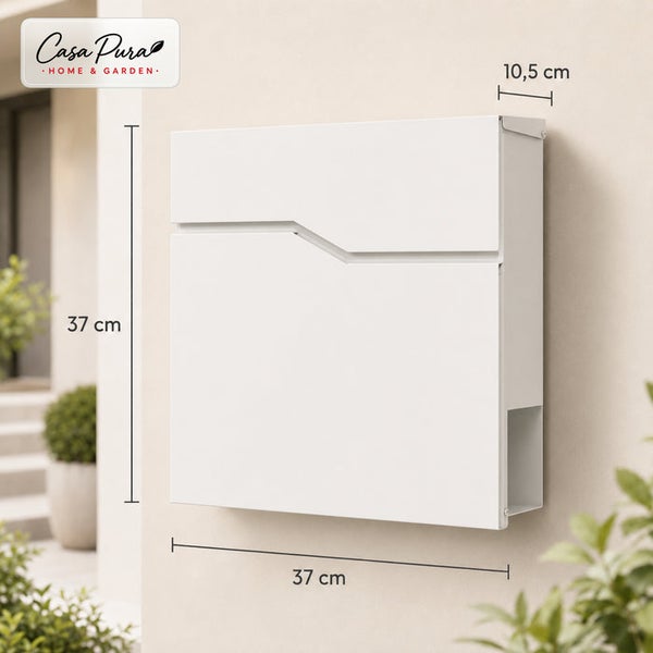 Wandbriefkasten Casa Pura mit Zeitungsfach und Maßangaben 37 mal 37 mal 10,5 Zentimeter zur Fassadenmontage.