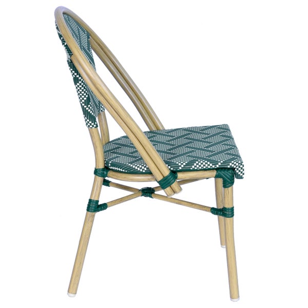 Bistrostuhl mit grün-weißem Geflecht aus Kunststoff und Gestell in Holzoptik für Garten und Balkon.