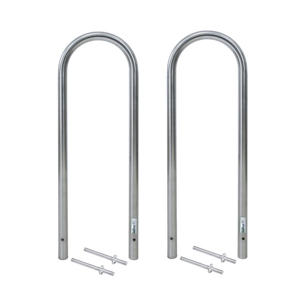 Zwei bogenförmige Fahrradständer aus Edelstahl zur Bodenbefestigung mit dazugehörigem Montagematerial.