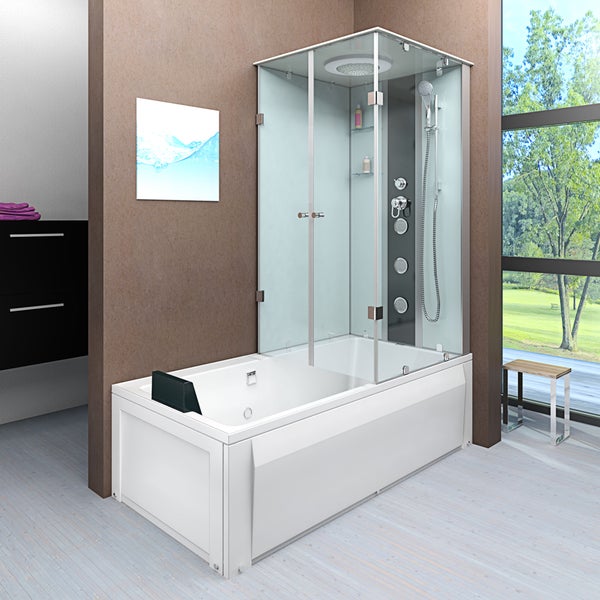 Moderne Duschbadewanne mit Glasduschkabine, Massagejets, Regendusche und Kopfstütze in einem hellen Badezimmer.