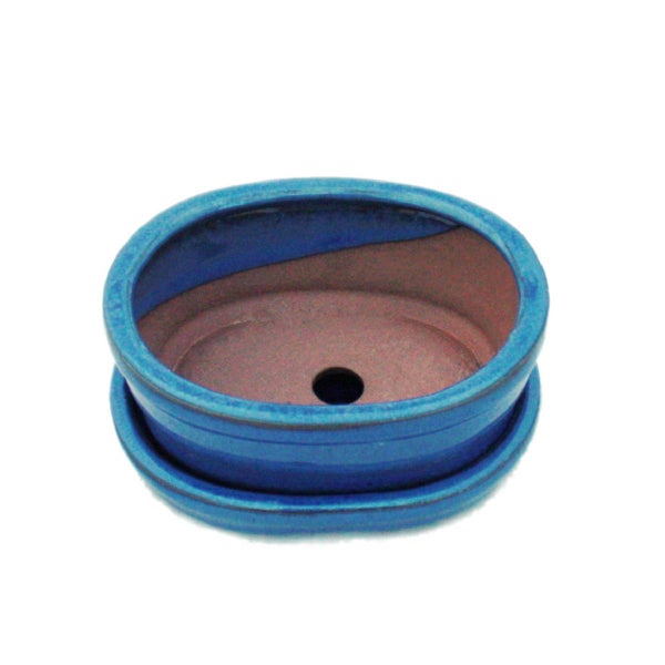 Bonsai-Schale mit Unterteller Gr. 1 - Blau -  oval  - Modell O7 - L 12cm - B 9,5cm - H 4,5 cm