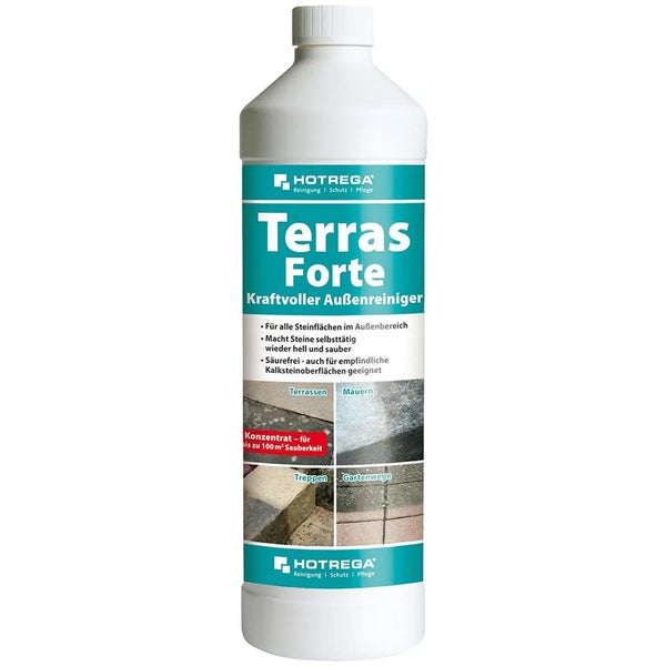 Hotrega Terras Forte Kraftvoller Außenreiniger Flasche für Steinflächen zur Reinigung von Terrassen Mauern Treppen und Gartenwegen