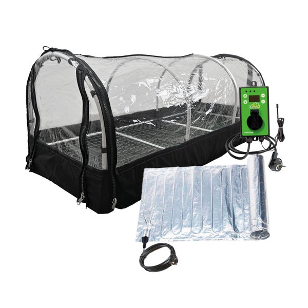 Bio Green Mini-Gewächshaus-Set mit transparentem Folientunnel, silberner Heizmatte und digitalem Thermostat zur Pflanzenanzucht.