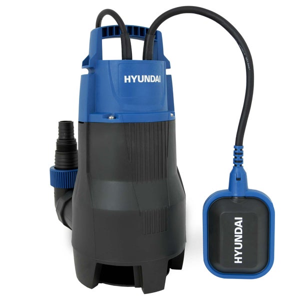 Hyundai Schmutzwasser-Tauchpumpe mit Schwimmerschalter, Tragegriff und Schlauchanschluss aus Kunststoff in Blau und Schwarz.