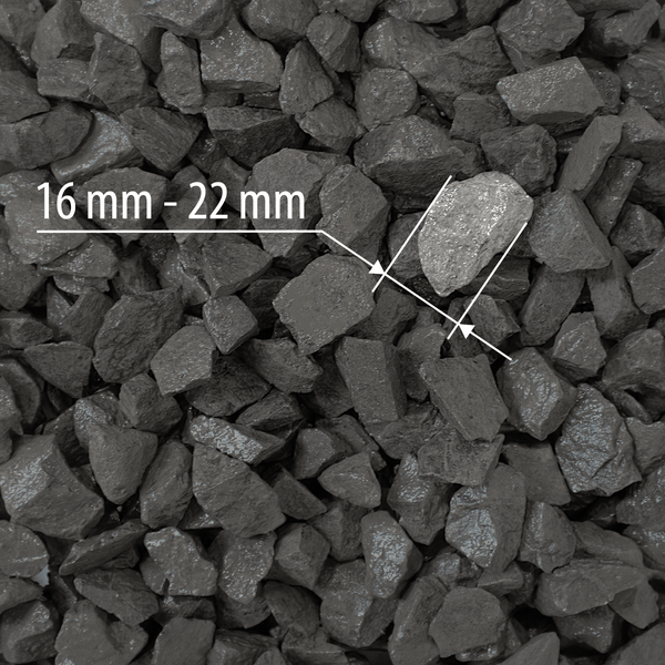 Anthrazitfarbener Splitt mit einer Körnung von 16 Millimeter bis 22 Millimeter.