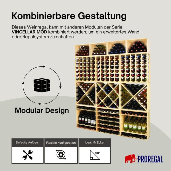 Modulares Weinregal aus Holz, kombinierbare Module mit Flaschen, einfacher Aufbau, flexible Konfiguration, ideal für Ecken, Proregal Logo.