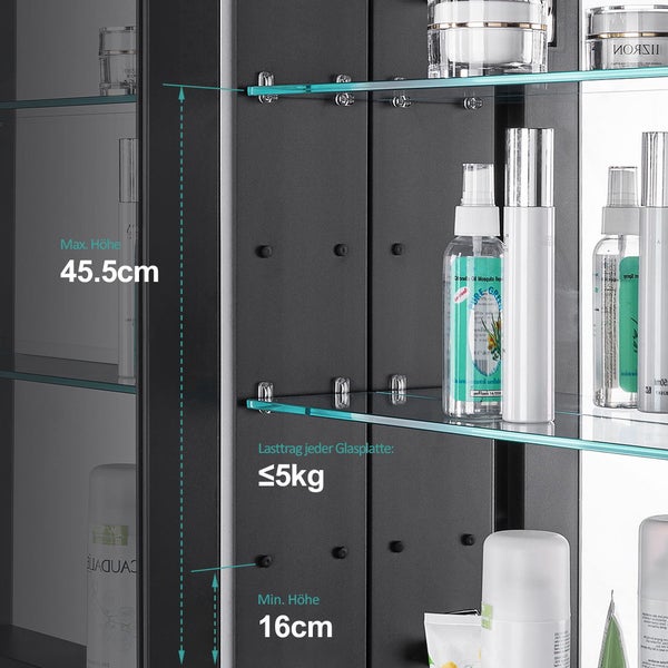 EMKE Spiegelschrank 850x145x650 mm, Grau, Rechteckig, Horizontal, 3 Innenräume, 3mm Rostfreies Spiegelglas, Mit Silent-Design Dämpfungsscharnieren, Badezimmer-Aufbewahrungsschrank, für Bad