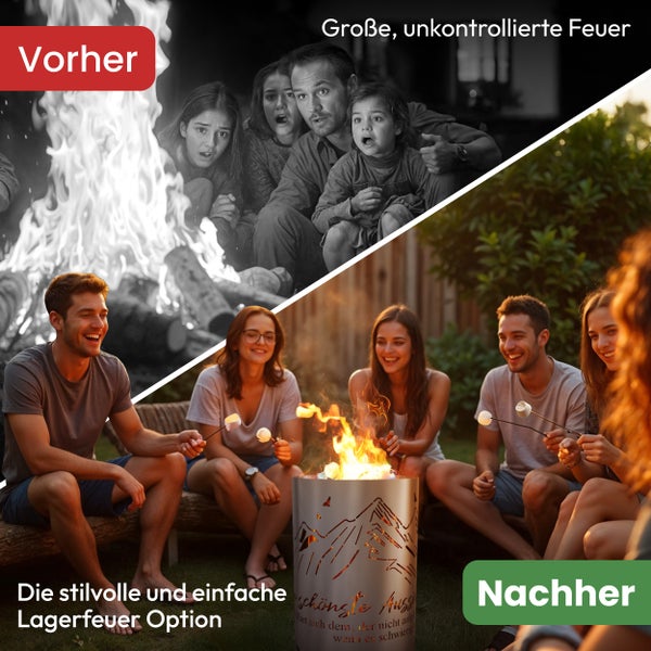 Vorher große unkontrollierte Feuerstelle, nachher stilvolle Feuerstelle mit Menschen beim Marshmallow rösten